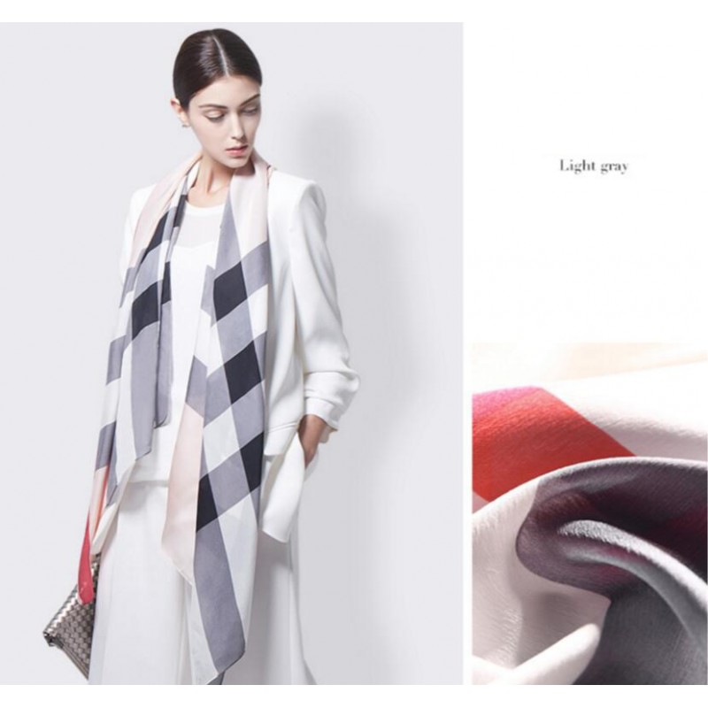 Pure Silk Scarf Light Gray Plaid Women Summer Scarf